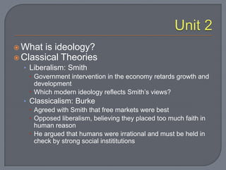 Unit 2What is ideology?  Classical TheoriesLiberalism: SmithGovernment intervention in the economy retards growth and developmentWhich modern ideology reflects Smith’s views?Classicalism: BurkeAgreed with Smith that free markets were bestOpposed liberalism, believing they placed too much faith in human reasonHe argued that humans were irrational and must be held in check by strong social instititutions