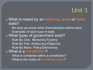 Unit 3What is meant by an effective, weak or failed state?Be sure you know what characteristics define each.Examples of each type of state.What types of government exist?Rule By One:  Monarchy/TyrannyRule By Few: Aristocracy/OligarchyRule By Many: Policy/DemocracyWhat is a constitution?What is contained within a constitution?What is the notion of constitutionalism?
