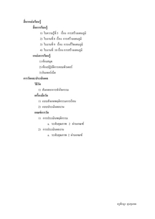 สื อ/แหล่ งเรียนรู้
          สื อการเรี ยนรู้
                     1) ใบความรู ้ที 5 เรื อง การสร้างแผนภูมิ
                     2) ใบงานที 8 เรื อง การสร้างแผนภูมิ
                     3) ใบงานที 9 เรื อง การแก้ไขแผนภูมิ
                     4) ใบงานที 10 เรื อง การสร้างแผนภูมิ
          แหล่ งการเรียนรู้
                    1) ห้องสมุด
                    2) ห้องปฏิบติการคอมพิวเตอร์
                                 ั
                    3) อินเทอร์ เน็ต
การวัดและประเมินผล
             วิธีวด
                  ั
                 1) สังเกตจาการทํากิจกรรม
             เครืองมือวัด
                 1) แบบสังเกตพฤติกรรมการเรี ยน
                 2) แบบประเมินผลงาน
             เกณฑ์ การวัด
                 1) การประเมินพฤติกรรม
                            a. ระดับคุณภาพ 2 ผ่านเกณฑ์
                 2) การประเมินผลงาน
                            a. ระดับคุณภาพ 2 ผ่านเกณฑ์




                                                                ครู พีรญา ดุนขุนทด
 