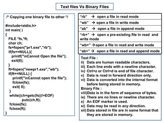 Text files Vs Binary Files /* Copying one binary file to other */ #include<stdio.h> int main( ) {  FILE *fs,*ft;  char ch; fs=fopen("pr1.exe","rb"); if(fs==NULL){ printf("\nCannot Open the file"); exit(0); } ft=fopen("newpr1.exe","wb"); if(ft==NULL) { printf("\nCannot open the file"); fclose(fs); exit( 0); } while((ch=getc(fs))!=EOF) putc(ch,ft); fclose(fs); fclose(ft); } Text File : Data are human readable characters. Each line ends with a newline character. Ctrl+z or Ctrl+d is end of file character. Data is read in forward direction only. Data is converted into the internal format before being stored in memory. Binary File : Data is in the form of sequence of bytes. There are no lines or newline character. An EOF marker is used. Data may be read in any direction. Data stored in file are in same format that they are stored in memory. “ rb”     open a file in read mode “ wb”    open a file in write mode “ ab”     open a file in append mode “ rb+”     open a pre-existing file in read  and write mode “ wb+”   open a file in read and write mode “ ab+”     open a file in read and append mode 