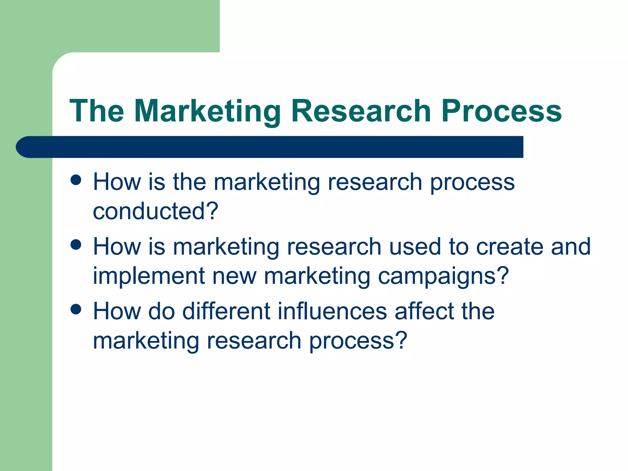 The Marketing Research Process How is the marketing research process conducted? How is marketing research used to create and implement new marketing campaigns? How do different influences affect the marketing research process? 
