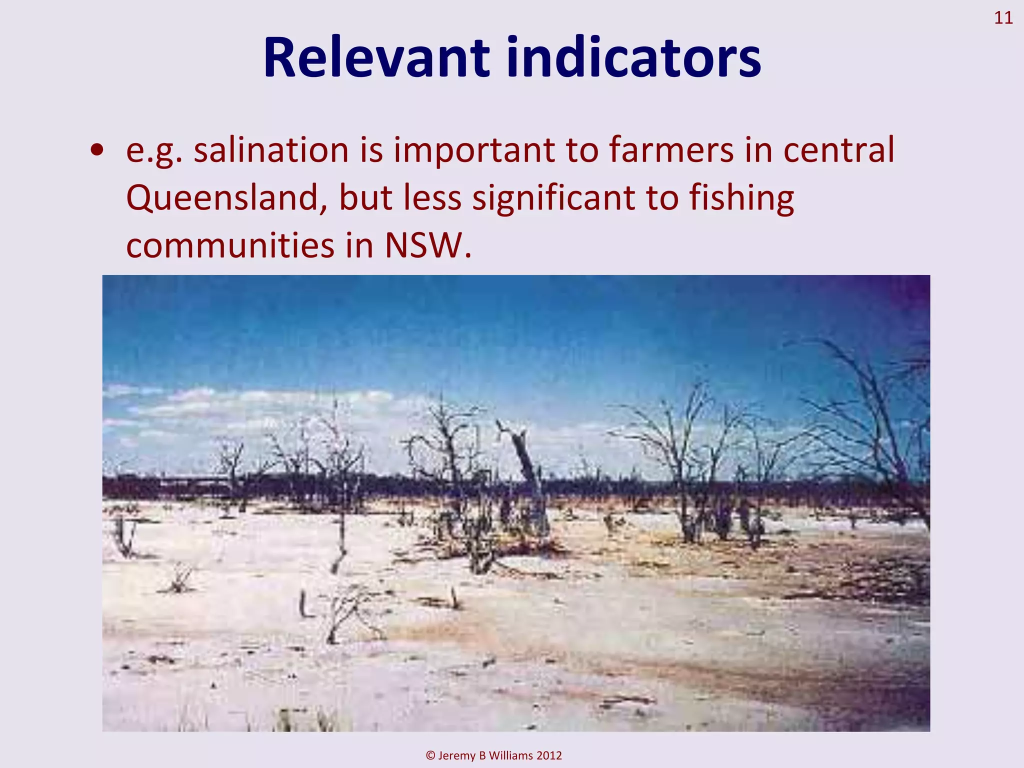 11

           Relevant indicators
• e.g. salination is important to farmers in central
  Queensland, but less significant to fishing
  communities in NSW.




                     © Jeremy B Williams 2012
 