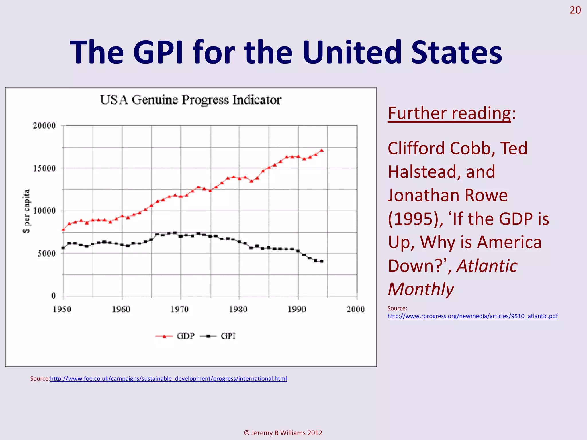 20



             The GPI for the United States
                                                                                                     Further reading:
                                                                                                     Clifford Cobb, Ted
                                                                                                     Halstead, and
                                                                                                     Jonathan Rowe
                                                                                                     (1995), „If the GDP is
                                                                                                     Up, Why is America
                                                                                                     Down?‟, Atlantic
                                                                                                     Monthly
                                                                                                     Source:
                                                                                                     http://www.rprogress.org/newmedia/articles/9510_atlantic.pdf




Source:http://www.foe.co.uk/campaigns/sustainable_development/progress/international.html




                                                                          © Jeremy B Williams 2012
 