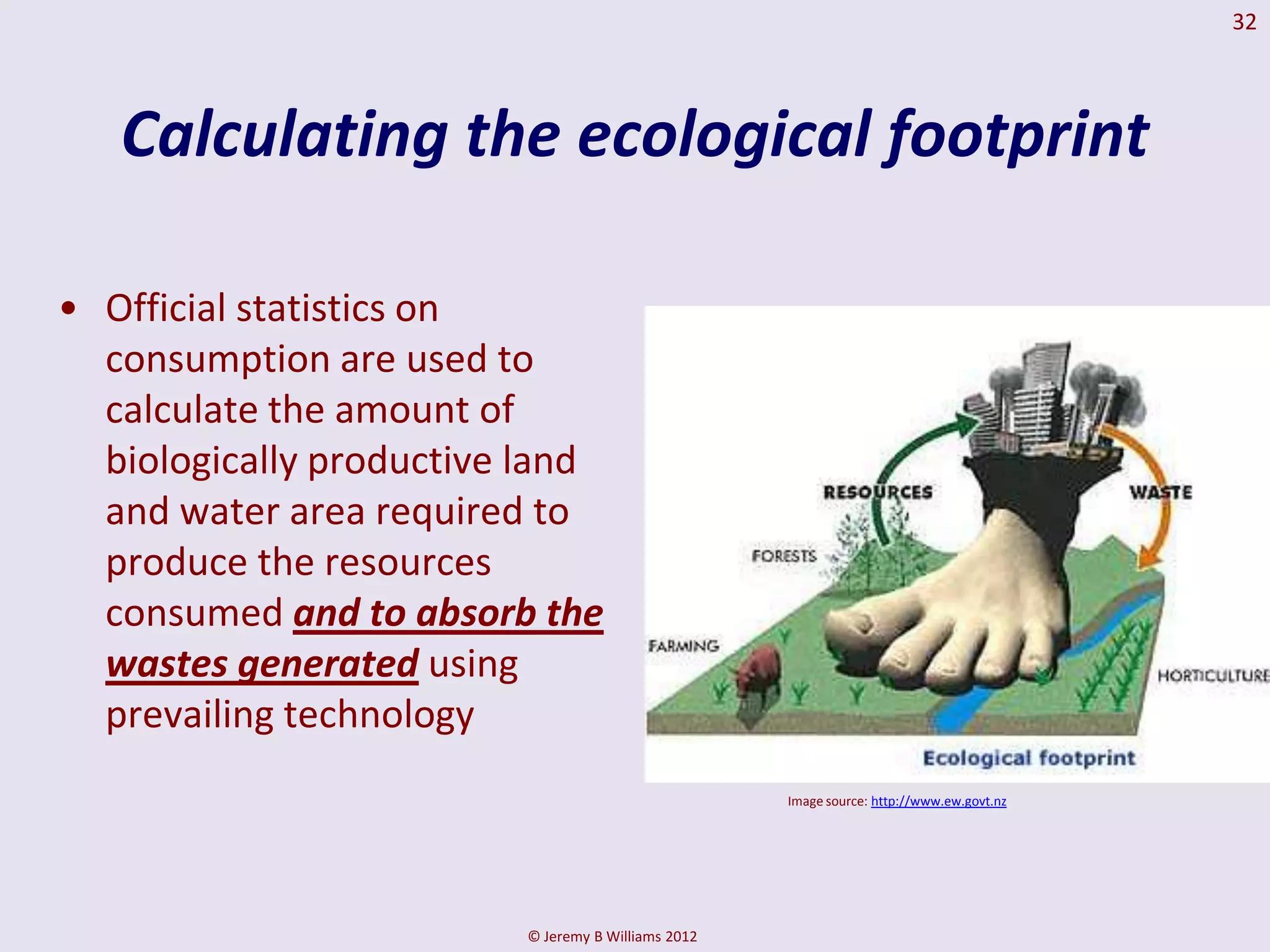 32




   Calculating the ecological footprint

• Official statistics on
  consumption are used to
  calculate the amount of
  biologically productive land
  and water area required to
  produce the resources
  consumed and to absorb the
  wastes generated using
  prevailing technology
                                                    Image source: http://www.ew.govt.nz




                         © Jeremy B Williams 2012
 