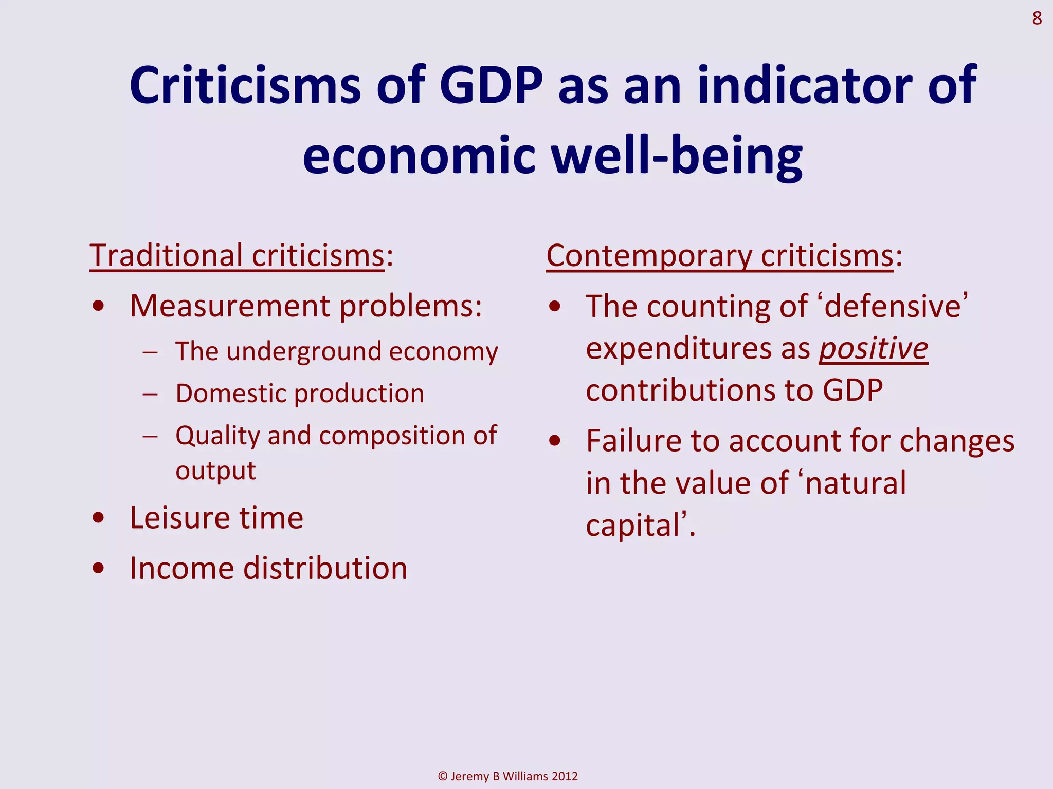 8


  Criticisms of GDP as an indicator of
          economic well-being
Traditional criticisms:                     Contemporary criticisms:
• Measurement problems:                     • The counting of „defensive‟
     The underground economy                  expenditures as positive
     Domestic production                      contributions to GDP
     Quality and composition of             • Failure to account for changes
     output                                   in the value of „natural
• Leisure time                                capital‟.
• Income distribution




                          © Jeremy B Williams 2012
 