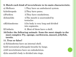 9. Match each kind of invertebrate to its main characteristic. a) Molluscs  1.They have an ambulacral system. b)Arthropods  2.They have pores. c)Porifera  3.They have exoskeleton. d)Annelids  4.The mouth is sourronded by    tentacles e)Echinoderms  5.Its body is very long and divided    into segments. f)Cnidaria  6. Most of them have a shell. 10.Order the following animals  from the most simple to the most complex: Fly, sponge, earthworm, mussel, jellyfish, taenia. 11. True or false? a) Echinoderms have an internal shell. b)All terrestrial arthropods breathe by lungs. c)All invertebrates have an endoskeleton. d)An annelid’s body is divided into rings. 