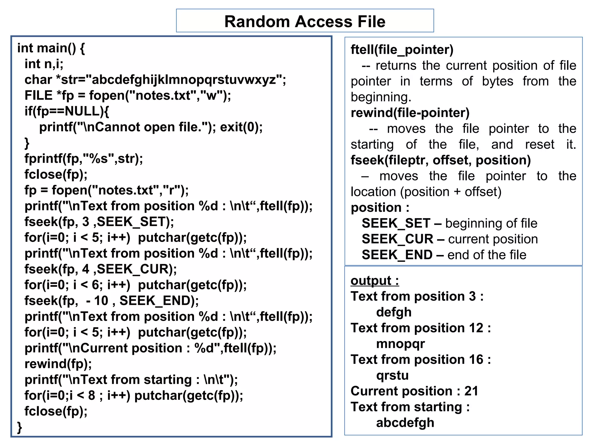 Random Access File
int main() {                                            ftell(file_pointer)
  int n,i;                                                -- returns the current position of file
  char *str="abcdefghijklmnopqrstuvwxyz";               pointer in terms of bytes from the
  FILE *fp = fopen("notes.txt","w");                    beginning.
  if(fp==NULL){                                         rewind(file-pointer)
      printf("nCannot open file."); exit(0);               -- moves the file pointer to the
  }                                                     starting of the file, and reset it.
  fprintf(fp,"%s",str);                                 fseek(fileptr, offset, position)
  fclose(fp);                                             – moves the file pointer to the
  fp = fopen("notes.txt","r");                          location (position + offset)
  printf("nText from position %d : nt“,ftell(fp));   position :
  fseek(fp, 3 ,SEEK_SET);                                 SEEK_SET – beginning of file
  for(i=0; i < 5; i++) putchar(getc(fp));                 SEEK_CUR – current position
  printf("nText from position %d : nt“,ftell(fp));     SEEK_END – end of the file
  fseek(fp, 4 ,SEEK_CUR);
  for(i=0; i < 6; i++) putchar(getc(fp));               output :
  fseek(fp, - 10 , SEEK_END);                           Text from position 3 :
  printf("nText from position %d : nt“,ftell(fp));       defgh
  for(i=0; i < 5; i++) putchar(getc(fp));               Text from position 12 :
  printf("nCurrent position : %d",ftell(fp));              mnopqr
  rewind(fp);                                           Text from position 16 :
  printf("nText from starting : nt");                    qrstu
  for(i=0;i < 8 ; i++) putchar(getc(fp));               Current position : 21
  fclose(fp);                                           Text from starting :
}                                                           abcdefgh
 