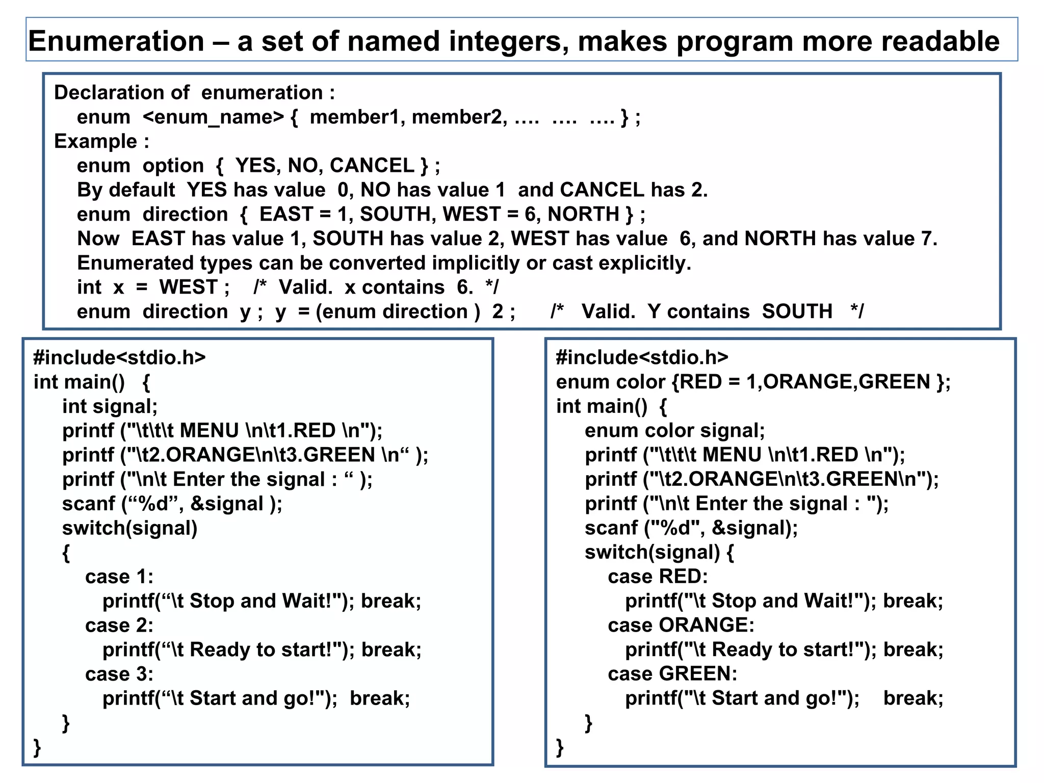 Enumeration – a set of named integers, makes program more readable
  Declaration of enumeration :
    enum <enum_name> { member1, member2, …. …. …. } ;
  Example :
    enum option { YES, NO, CANCEL } ;
    By default YES has value 0, NO has value 1 and CANCEL has 2.
    enum direction { EAST = 1, SOUTH, WEST = 6, NORTH } ;
    Now EAST has value 1, SOUTH has value 2, WEST has value 6, and NORTH has value 7.
    Enumerated types can be converted implicitly or cast explicitly.
    int x = WEST ; /* Valid. x contains 6. */
    enum direction y ; y = (enum direction ) 2 ;    /* Valid. Y contains SOUTH */

#include<stdio.h>                                #include<stdio.h>
int main() {                                     enum color {RED = 1,ORANGE,GREEN };
    int signal;                                  int main() {
    printf ("ttt MENU nt1.RED n");             enum color signal;
    printf ("t2.ORANGEnt3.GREEN n“ );            printf ("ttt MENU nt1.RED n");
    printf ("nt Enter the signal : “ );            printf ("t2.ORANGEnt3.GREENn");
    scanf (“%d”, &signal );                          printf ("nt Enter the signal : ");
    switch(signal)                                   scanf ("%d", &signal);
    {                                                switch(signal) {
       case 1:                                         case RED:
         printf(“t Stop and Wait!"); break;             printf("t Stop and Wait!"); break;
       case 2:                                         case ORANGE:
         printf(“t Ready to start!"); break;            printf("t Ready to start!"); break;
       case 3:                                         case GREEN:
         printf(“t Start and go!"); break;              printf("t Start and go!"); break;
    }                                                }
}                                                }
 