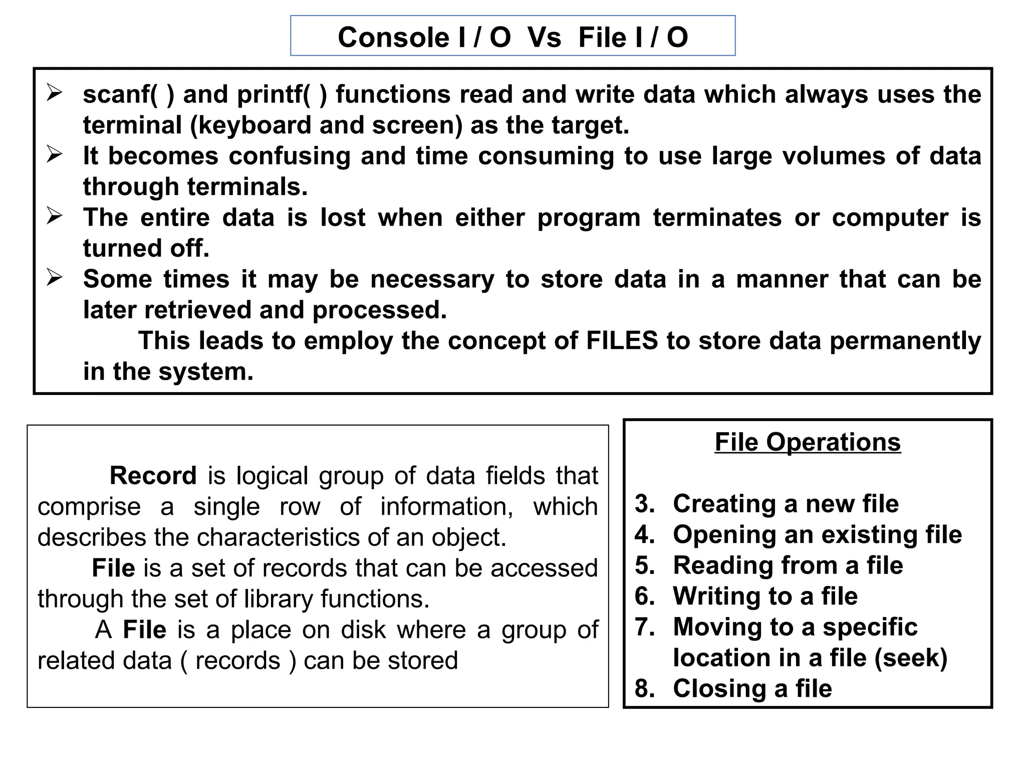 Console I / O Vs File I / O
 scanf( ) and printf( ) functions read and write data which always uses the
  terminal (keyboard and screen) as the target.
 It becomes confusing and time consuming to use large volumes of data
  through terminals.
 The entire data is lost when either program terminates or computer is
  turned off.
 Some times it may be necessary to store data in a manner that can be
  later retrieved and processed.
       This leads to employ the concept of FILES to store data permanently
  in the system.

                                                           File Operations
       Record is logical group of data fields that
comprise a single row of information, which          3. Creating a new file
describes the characteristics of an object.          4. Opening an existing file
     File is a set of records that can be accessed   5. Reading from a file
through the set of library functions.                6. Writing to a file
      A File is a place on disk where a group of     7. Moving to a specific
related data ( records ) can be stored                  location in a file (seek)
                                                     8. Closing a file
 