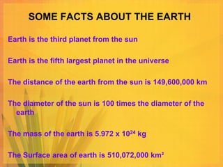 SOME FACTS ABOUT THE EARTH

Earth is the third planet from the sun

Earth is the fifth largest planet in the universe

The distance of the earth from the sun is 149,600,000 km

The diameter of the sun is 100 times the diameter of the
  earth

The mass of the earth is 5.972 x 1024 kg

The Surface area of earth is 510,072,000 km²
 