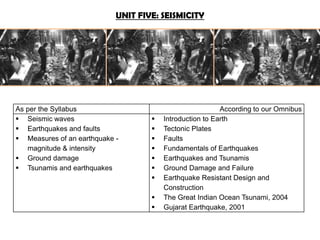 UNIT FIVE: SEISMICITY




As per the Syllabus                                       According to our Omnibus
 Seismic waves                        Introduction to Earth
 Earthquakes and faults               Tectonic Plates
 Measures of an earthquake -          Faults
   magnitude & intensity               Fundamentals of Earthquakes
 Ground damage                        Earthquakes and Tsunamis
 Tsunamis and earthquakes             Ground Damage and Failure
                                       Earthquake Resistant Design and
                                        Construction
                                       The Great Indian Ocean Tsunami, 2004
                                       Gujarat Earthquake, 2001
 