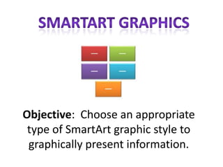 Objective: Choose an appropriate
 type of SmartArt graphic style to
 graphically present information.
 