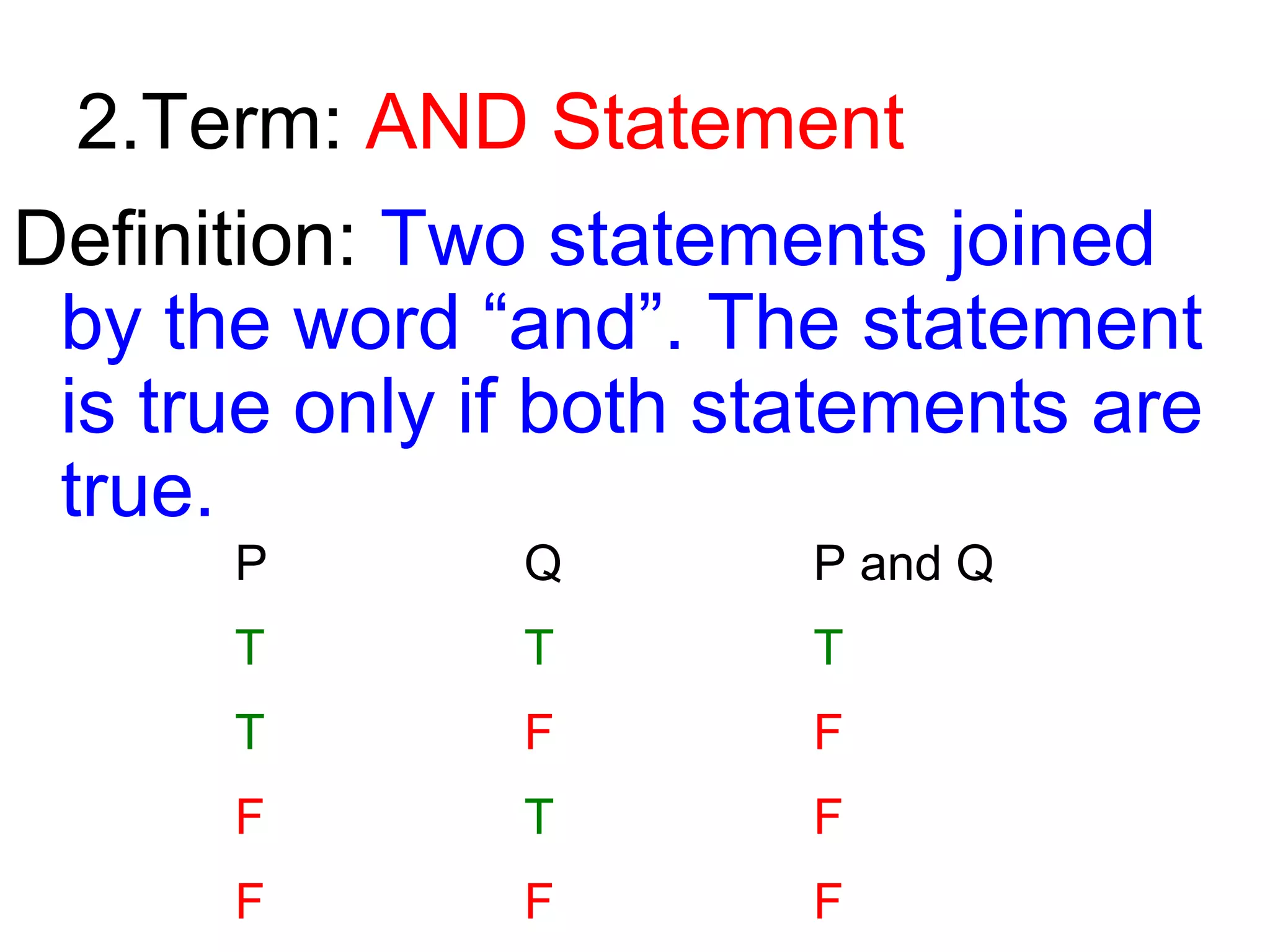 2.Term: AND Statement
Definition: Two statements joined
by the word “and”. The statement
is true only if both statements are
true.
P

Q

P and Q

T

T

T

T

F

F

F

T

F

F

F

F

 