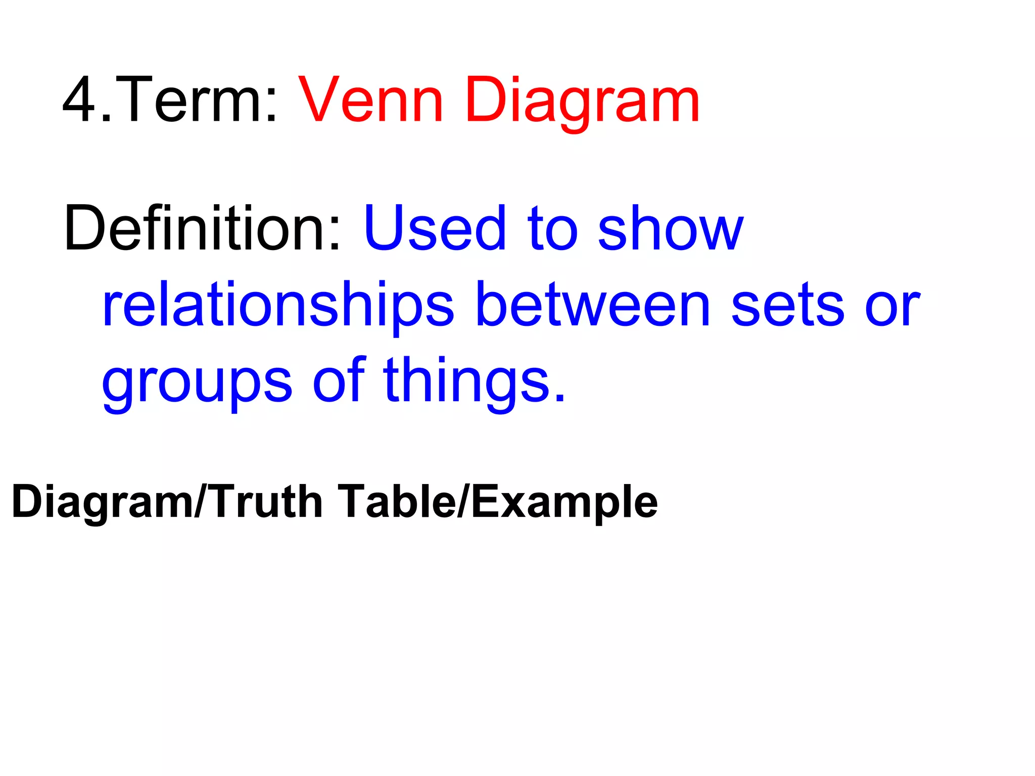 4.Term: Venn Diagram
Definition: Used to show
relationships between sets or
groups of things.
Diagram/Truth Table/Example

 