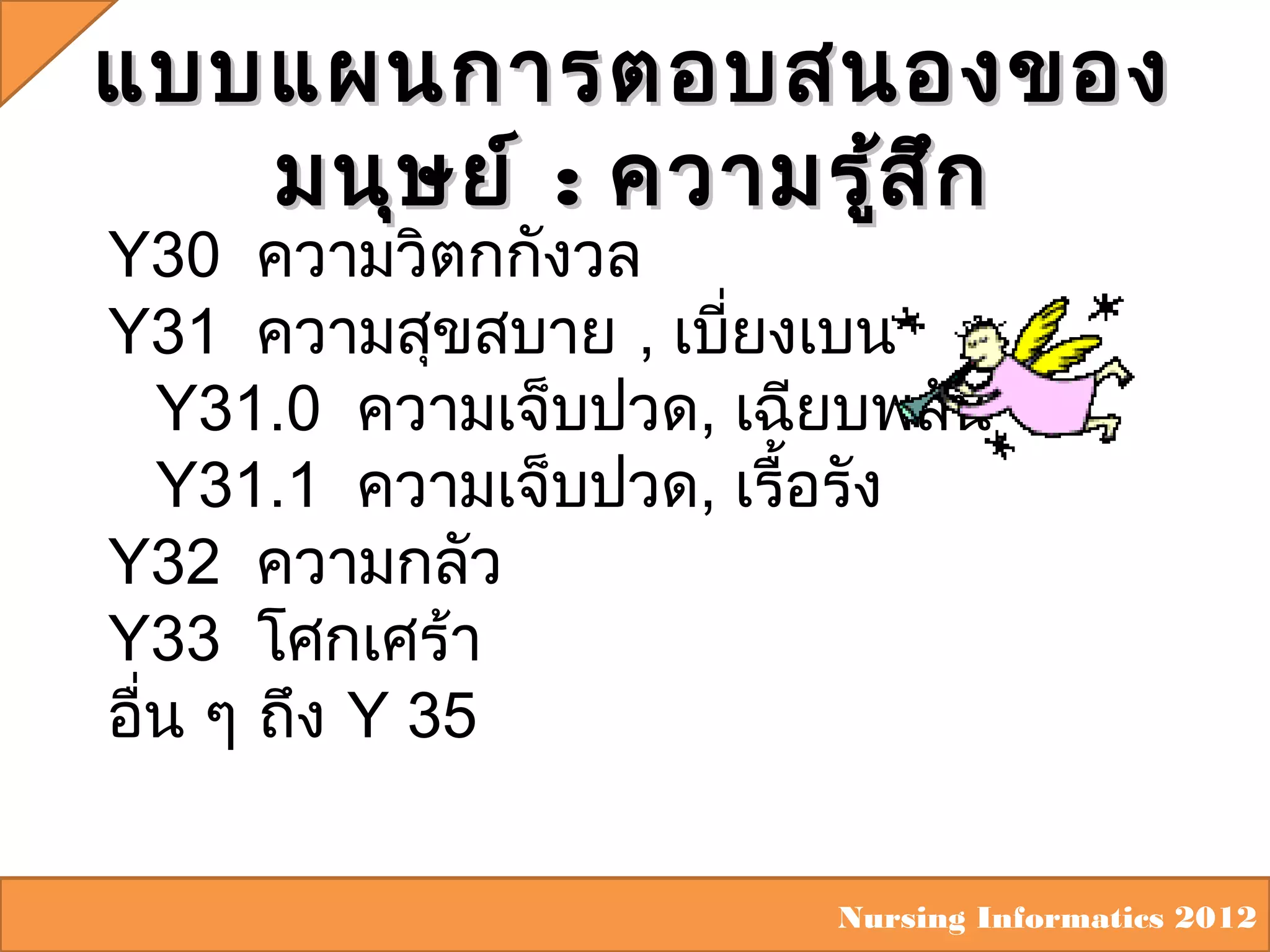 แบบแผนการตอบสนองของ
มนุษ ย์ : ความรูส ึก
้
Y30 ความวิตกกังวล
Y31 ความสุขสบาย , เบี่ยงเบน
Y31.0 ความเจ็บปวด, เฉียบพลัน
Y31.1 ความเจ็บปวด, เรื้อรัง
Y32 ความกลัว
Y33 โศกเศร้า
อื่น ๆ ถึง Y 35

Nursing Informatics 2012

 