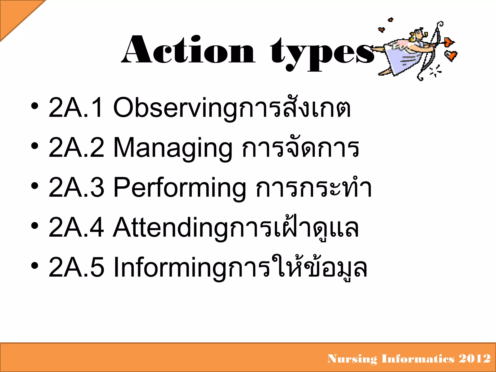 Action types
•
•
•
•
•

2A.1 Observingการสังเกต
2A.2 Managing การจัดการ
2A.3 Performing การกระทำา
2A.4 Attendingการเฝ้าดูแล
2A.5 Informingการให้ข้อมูล
Nursing Informatics 2012

 