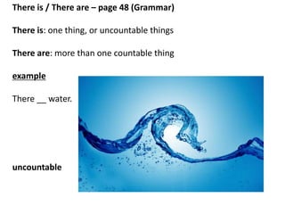 There is / There are – page 48 (Grammar)
There is: one thing, or uncountable things
There are: more than one countable thing
example
There are two crazy monkeys.
 