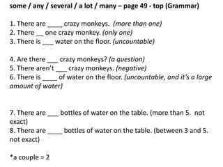 There is / There are – page 48 (Grammar)
There is: one thing, or uncountable things
There are: more than one countable thing
example
There __ water.
uncountable
 