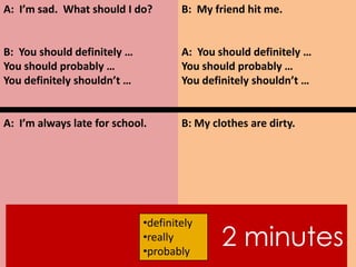 A: I’m sad. What should I do?
B: You should definitely …
You should probably …
You definitely shouldn’t …
A: I’m always late for school.
B: My friend hit me.
A: You should definitely …
You should probably …
You definitely shouldn’t …
B: My clothes are dirty.
2 minutes
•definitely
•really
•probably
 