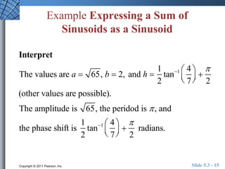 Example Expressing a Sum of 
Sinusoids as a Sinusoid 
Interpret 
The values are a  65, b  2, and h  
1 
2 
tan1 4 
7 
 
  
 
  
 
2 
(other values are possible). 
The amplitude is 65, the peridod is  , and 
the phase shift is 
1 
2 
tan1 4 
7 
 
  
 
  
 
2 
radians. 
Copyright © 2011 Pearson, Inc. Slide 5.3 - 15 
 