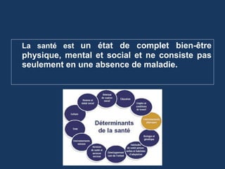 La santé est un état de complet bien-être 
physique, mental et social et ne consiste pas 
seulement en une absence de maladie. 
 