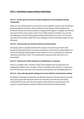 Unit 5 – Contribute to good working relationships 
Unit 3.1 – Clarify, agree and revise working arrangements, promoting good working 
relationships 
Make sure you set benchmarks in the process to come together to discuss how everything is 
going and organise timescales, whose involved and any changes made throughout the 
process of the task, this ensures everyone is happy and the project is managed correctly and 
that any time that can be saved is saved. This includes everyone involved in your set task 
and holding discussions promotes good working relationships as any issues can be ironed 
out easily and it provides support from your colleagues as well as providing support for your 
colleagues. 
Unit 3.2 – Communicate own decisions clearly and constructively 
During discussions it would be beneficial for everyone to be able to put in their ideas 
forward for the project/task to put across any opinions or concerns etc. Explaining these to 
the rest of the group would be good as then everyone is clear on what they are doing and 
understand each other’s roles. This could be done using visual aids, hand outs or via 
presentation. 
Unit 3.3 – Resolve any conflict situations or dissatisfaction as necessary 
If there is a problem with a member of staff in the workplace then you deal with it by 
bringing the problem to your manager. If there is a problem with a project or a task you’ve 
been set then discuss with your team and come to the solution that everybody agrees on. 
Unit 3.4 – Liaise with appropriate colleagues to ensure effective and productive working 
By talking to all members of staff who you deal with regularly is the best way to ensure the 
work process goes well. Doing this makes sure everyone is well informed and clearly 
understands their own roles and other people’s roles who they are working with, then 
everyone can work together quickly and efficiently to the best standard possible. 
