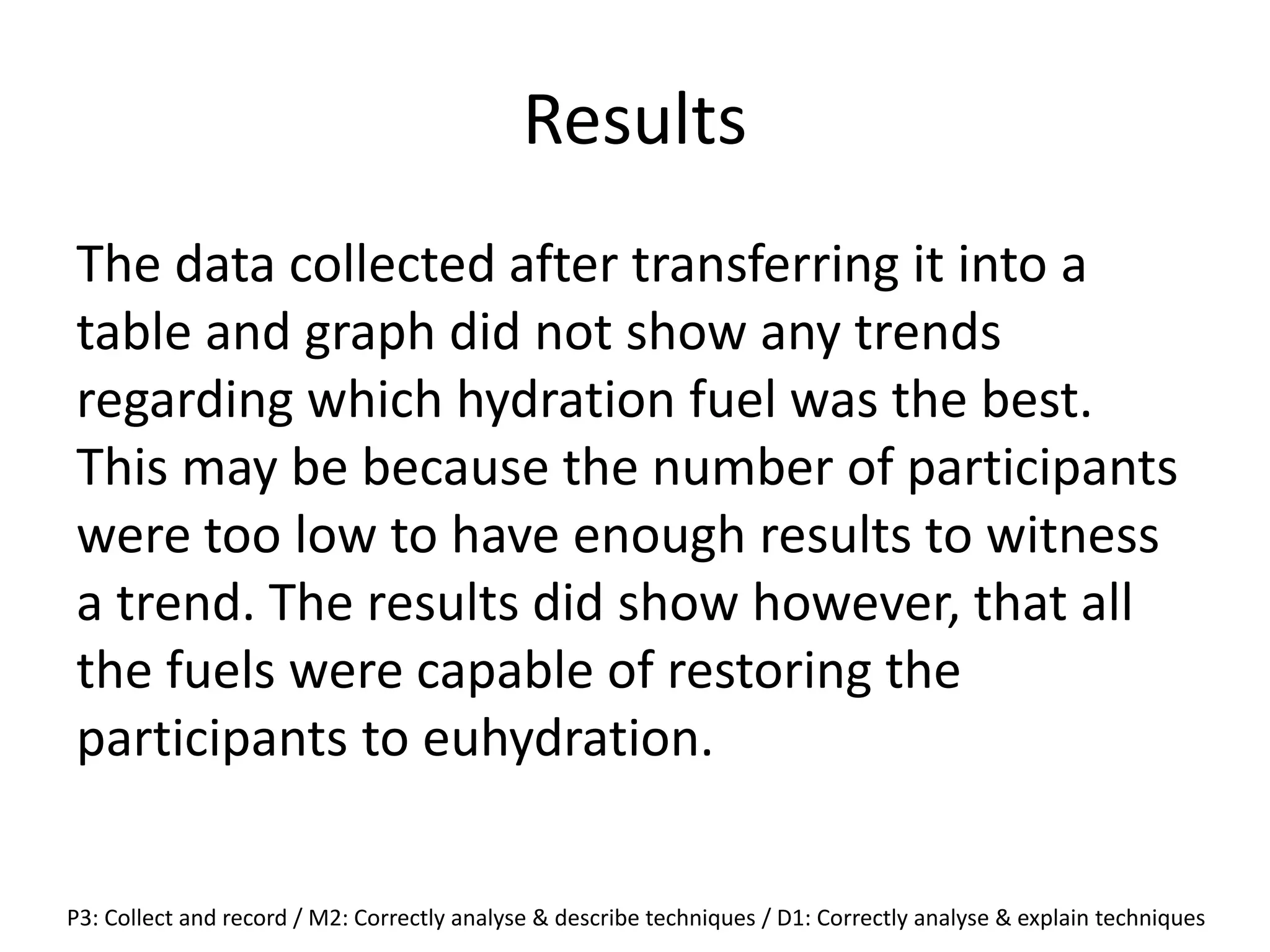 Results
The data collected after transferring it into a
table and graph did not show any trends
regarding which hydration fuel was the best.
This may be because the number of participants
were too low to have enough results to witness
a trend. The results did show however, that all
the fuels were capable of restoring the
participants to euhydration.
P3: Collect and record / M2: Correctly analyse & describe techniques / D1: Correctly analyse & explain techniques
 