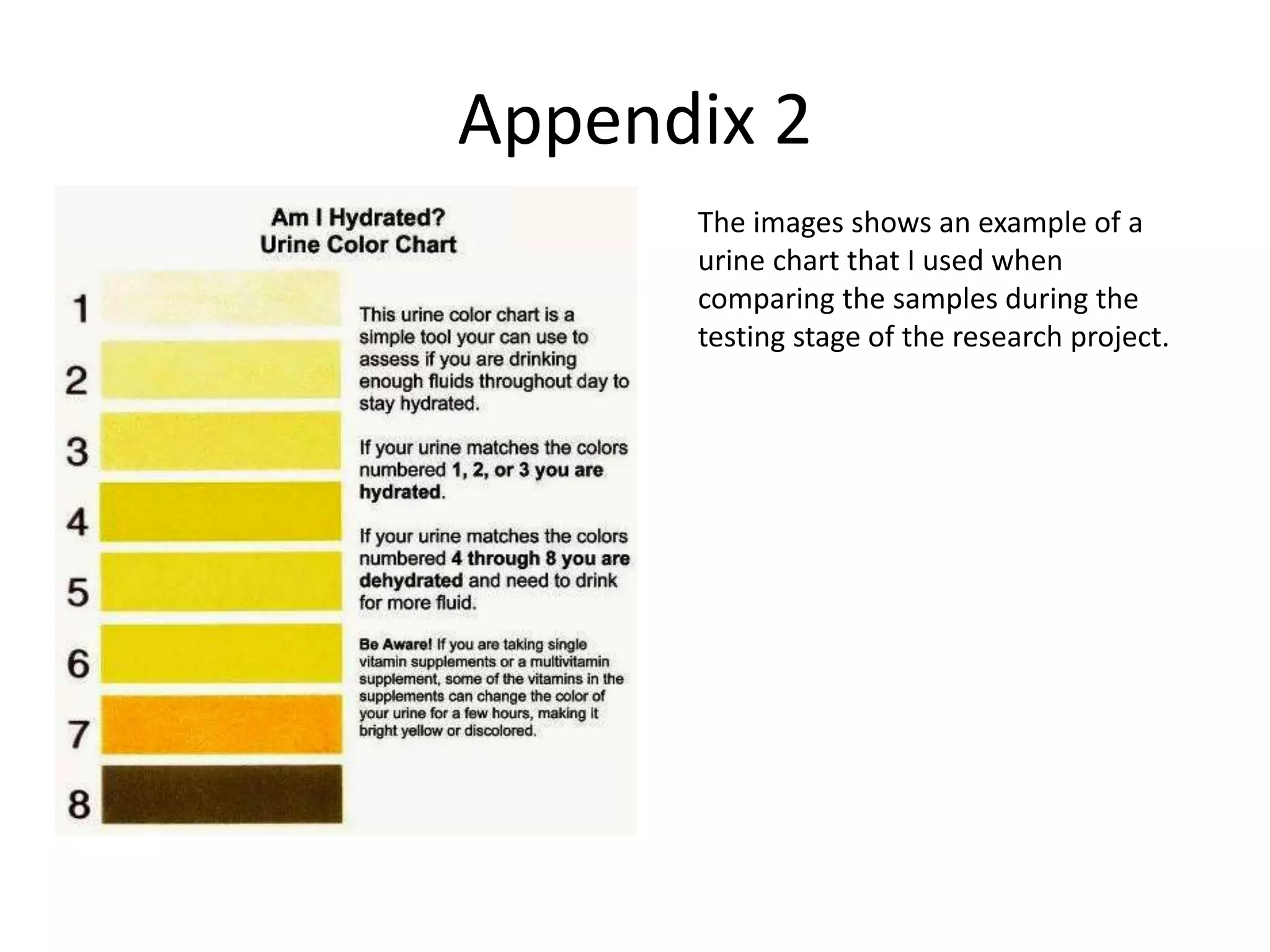 Appendix 2
The images shows an example of a
urine chart that I used when
comparing the samples during the
testing stage of the research project.
 
