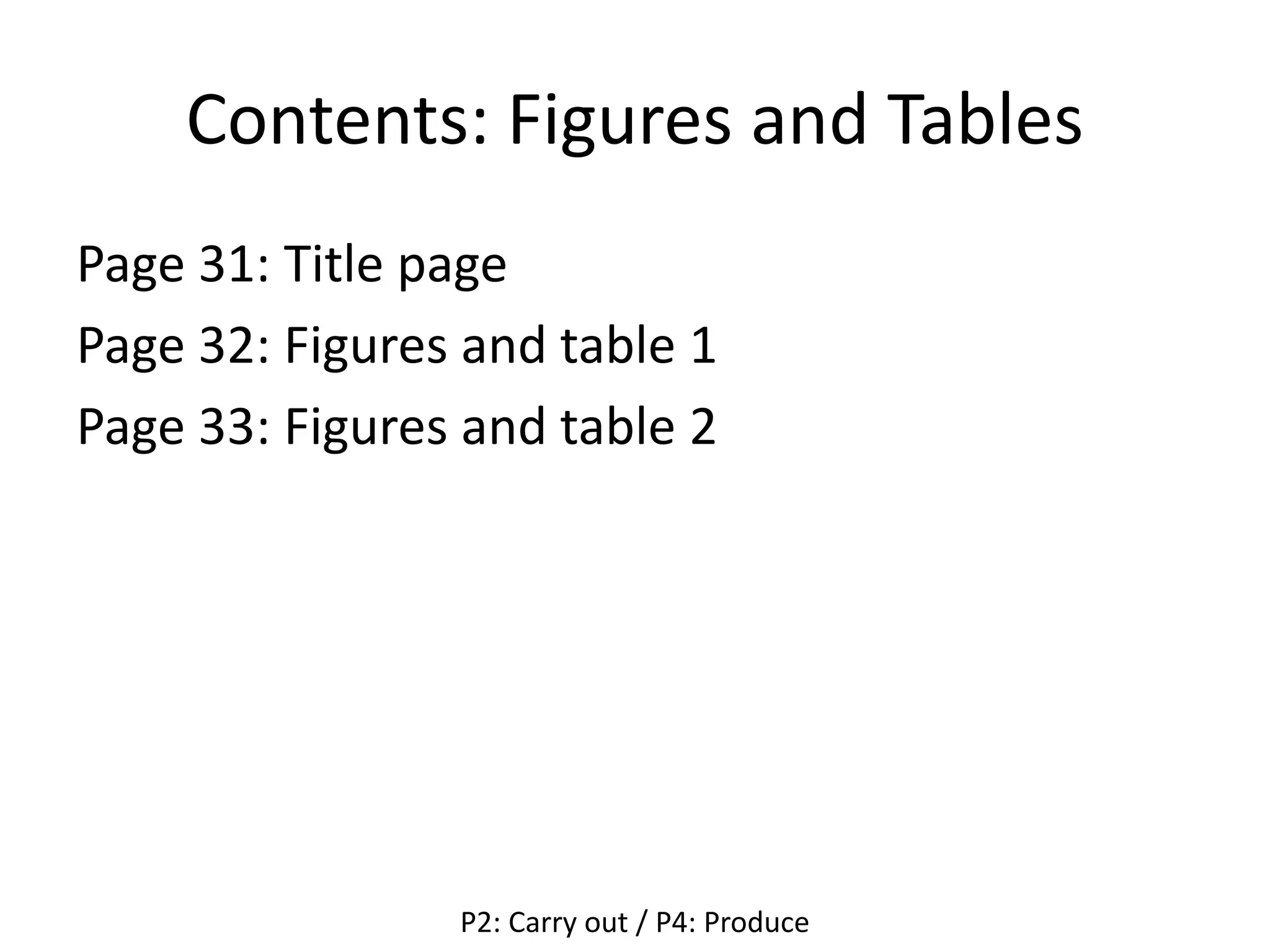 Contents: Figures and Tables
Page 31: Title page
Page 32: Figures and table 1
Page 33: Figures and table 2
P2: Carry out / P4: Produce
 