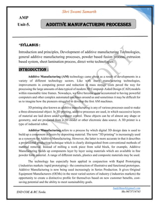 Additive manufacturing Processes PDF by (badebhau4@gmail.com) | PDF