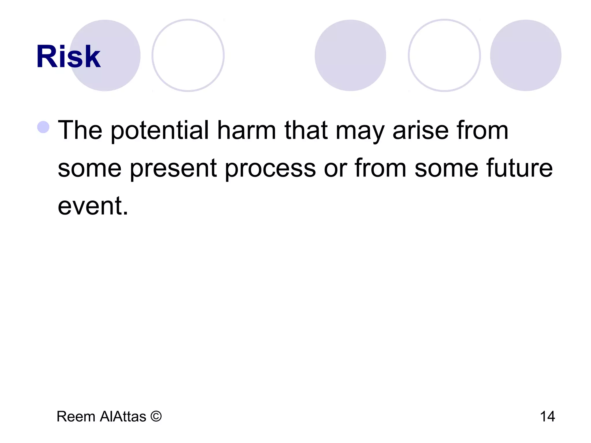 Reem AlAttas © 14
Risk
The potential harm that may arise from
some present process or from some future
event.
 