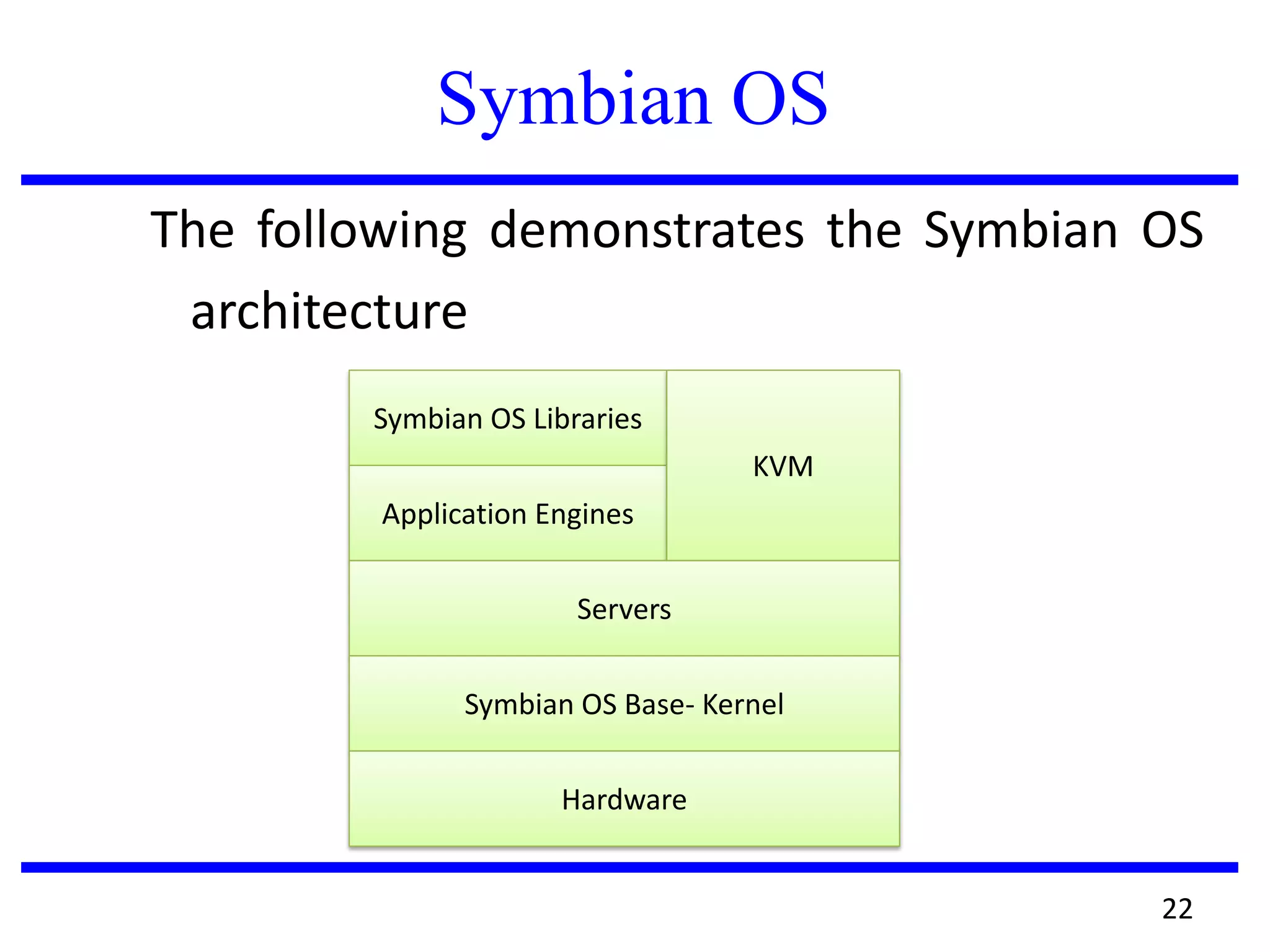 Symbian OS
The following demonstrates the Symbian OS
architecture
22
Symbian OS Libraries
Application Engines
KVM
Servers
Symbian OS Base- Kernel
Hardware
 