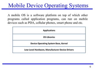Mobile Device Operating Systems
A mobile OS is a software platform on top of which other
programs called application programs, can run on mobile
devices such as PDA, cellular phones, smart phone and etc.
6
Applications
OS Libraries
Device Operating System Base, Kernel
Low-Level Hardware, Manufacturer Device Drivers
 