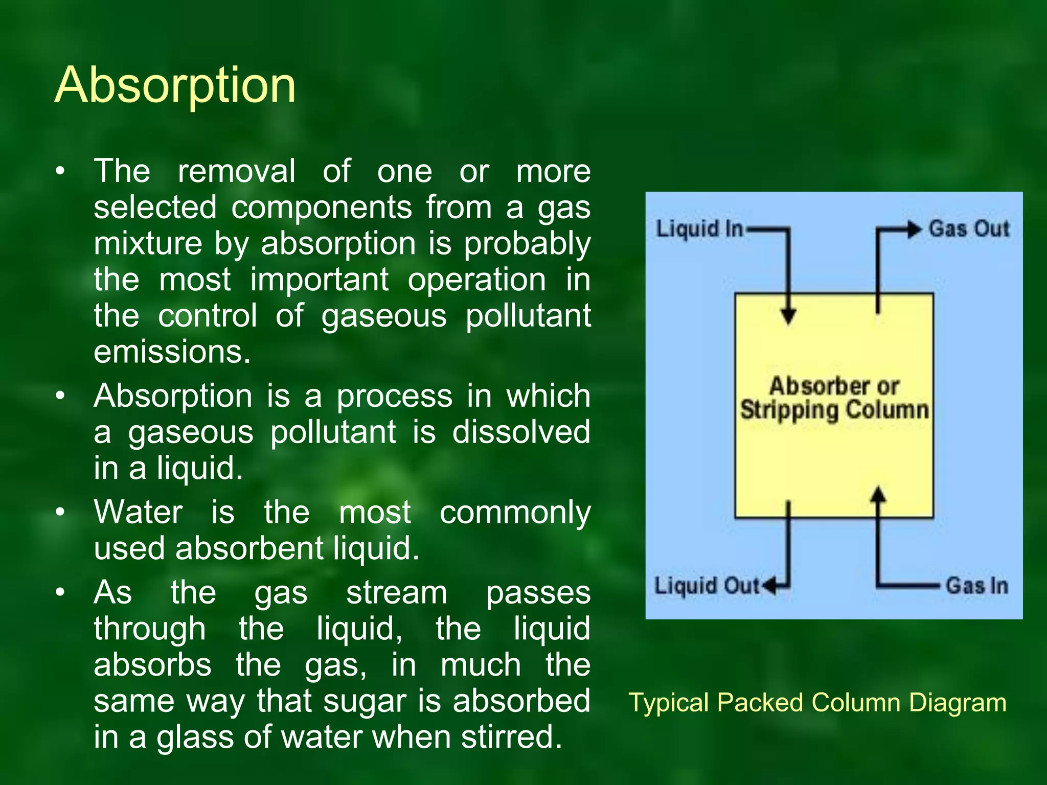 Absorption
• The removal of one or more
selected components from a gas
mixture by absorption is probably
the most important operation in
the control of gaseous pollutant
emissions.
• Absorption is a process in which
a gaseous pollutant is dissolved
in a liquid.
• Water is the most commonly
used absorbent liquid.
• As the gas stream passes
through the liquid, the liquid
absorbs the gas, in much the
same way that sugar is absorbed
in a glass of water when stirred.
Typical Packed Column Diagram
 