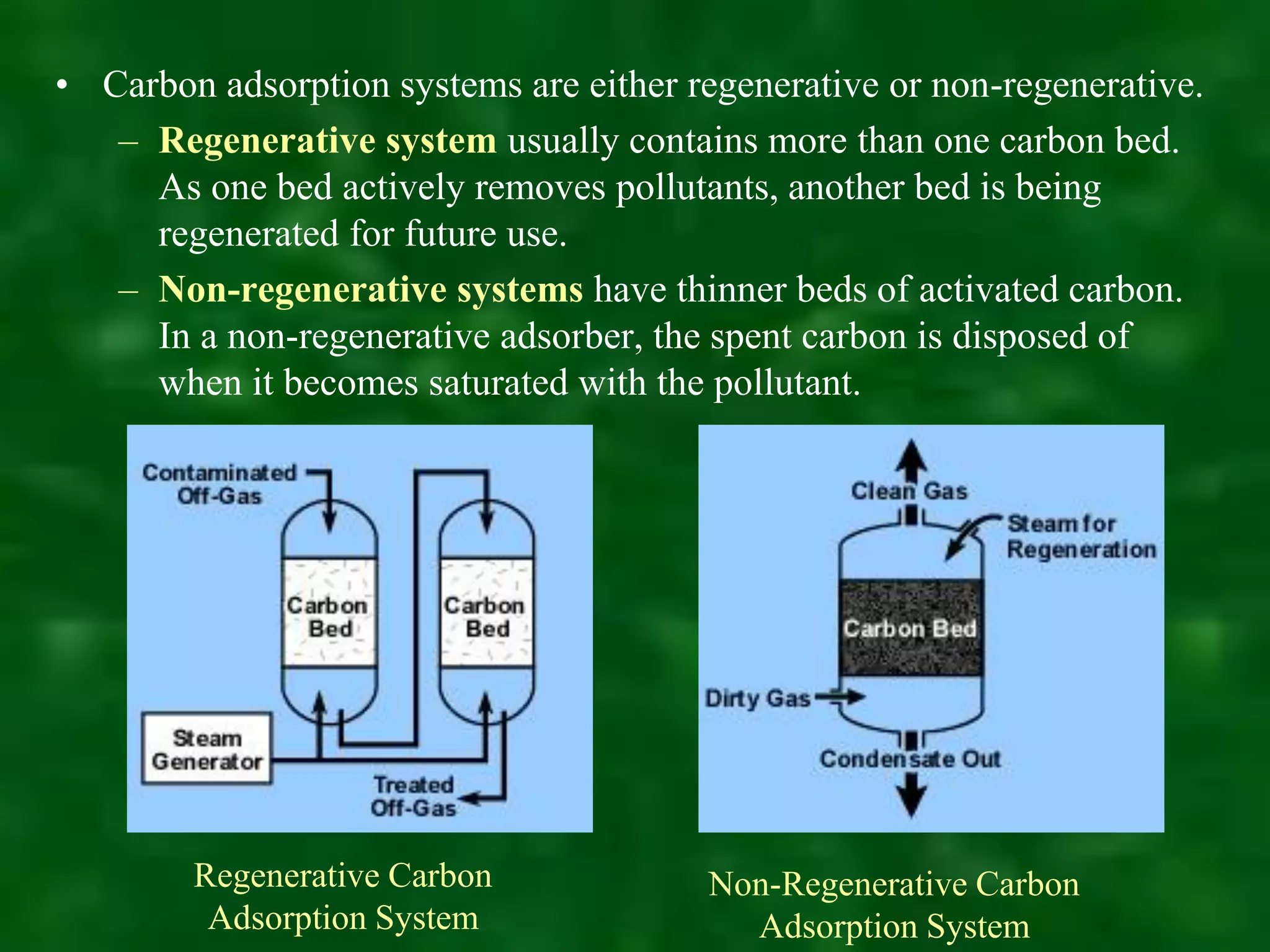 • Carbon adsorption systems are either regenerative or non-regenerative.
– Regenerative system usually contains more than one carbon bed.
As one bed actively removes pollutants, another bed is being
regenerated for future use.
– Non-regenerative systems have thinner beds of activated carbon.
In a non-regenerative adsorber, the spent carbon is disposed of
when it becomes saturated with the pollutant.
Non-Regenerative Carbon
Adsorption System
Regenerative Carbon
Adsorption System
 
