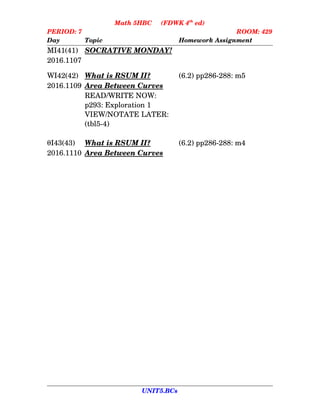 Math 5HBC     (FDWK 4th
 ed)
PERIOD: 7 ROOM: 429
Day Topic Homework Assignment
MI41(41) SOCRATIVE MONDAY!
2016.1107
WI42(42) What      is      RSUM      II? (6.2) pp286­288: m5
2016.1109 Area      Between      Curves
READ/WRITE NOW:
p293: Exploration 1
VIEW/NOTATE LATER:
(tbl5­4)
I43(43) What      is      RSUM      II? (6.2) pp286­288: m4
2016.1110 Area      Between      Curves
UNIT5.BCs
 