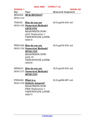 Math 5HBC     (FDWK 4th
 ed)
PERIOD: 7 ROOM: 429
Day Topic Homework Assignment
MI44(44) MCQ MONDAY!
2016.1114
I45(45) How      do      you      use (6.5) pp316­318: m5
2016.1115 Numerical      Methods?
LRTE.TNS
READ/WRITE NOW:
p313: Exploration 1
VIEW/NOTATE LATER: 
(tbl5­5)
WII01(46) How      do      you      use (6.5) pp316­318: m4
2016.1116 Numerical      Methods?
MTSE.TNS
READ/WRITE NOW:
p318: 37
VIEW/NOTATE LATER: 
(tbl5­6)
II02(47) How      do      you      use (6.5) pp316­318: m2
2016.1117 Numerical      Methods?
MTSE.TNS
FII03(48) What      is      a  (6.3) pp294­297: m4
2016.1118 Definite      Integral?
READ/WRITE NOW:
P292: Exploration 1
VIEW/NOTATE LATER: 
(tbl5­7)
UNIT5.BCs
 