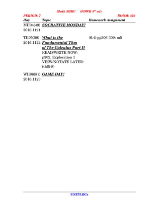 Math 5HBC     (FDWK 4th
 ed)
PERIOD: 7 ROOM: 429
Day Topic Homework Assignment
MII04(49) SOCRATIVE MONDAY!
2016.1121
TII05(50) What      is      the  (6.4) pp306­309: m5
2016.1122 Fundamental      Thm
of      The      Calculus      Part      I?
READ/WRITE NOW:
p302: Exploration 1
VIEW/NOTATE LATER: 
(tbl5­8)
WII06(51) GAME DAY! 
2016.1123
UNIT5.BCs
 