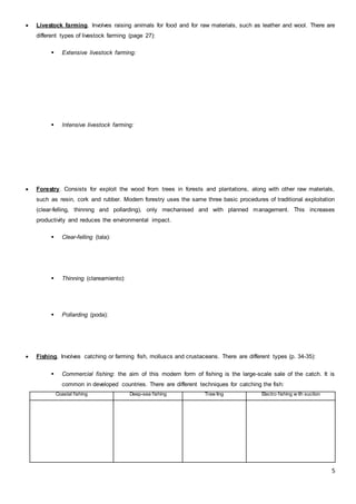 5
 Livestock farming. Involves raising animals for food and for raw materials, such as leather and wool. There are
different types of livestock farming (page 27):
 Extensive livestock farming:
 Intensive livestock farming:
 Forestry. Consists for exploit the wood from trees in forests and plantations, along with other raw materials,
such as resin, cork and rubber. Modern forestry uses the same three basic procedures of traditional exploitation
(clear-felling, thinning and pollarding), only mechanised and with planned management. This increases
productivity and reduces the environmental impact.
 Clear-felling (tala):
 Thinning (clareamiento):
 Pollarding (poda):
 Fishing. Involves catching or farming fish, molluscs and crustaceans. There are different types (p. 34-35):
 Commercial fishing: the aim of this modern form of fishing is the large-scale sale of the catch. It is
common in developed countries. There are different techniques for catching the fish:
Coastal fishing Deep-sea fishing Traw ling Electro fishing w ith suction
 