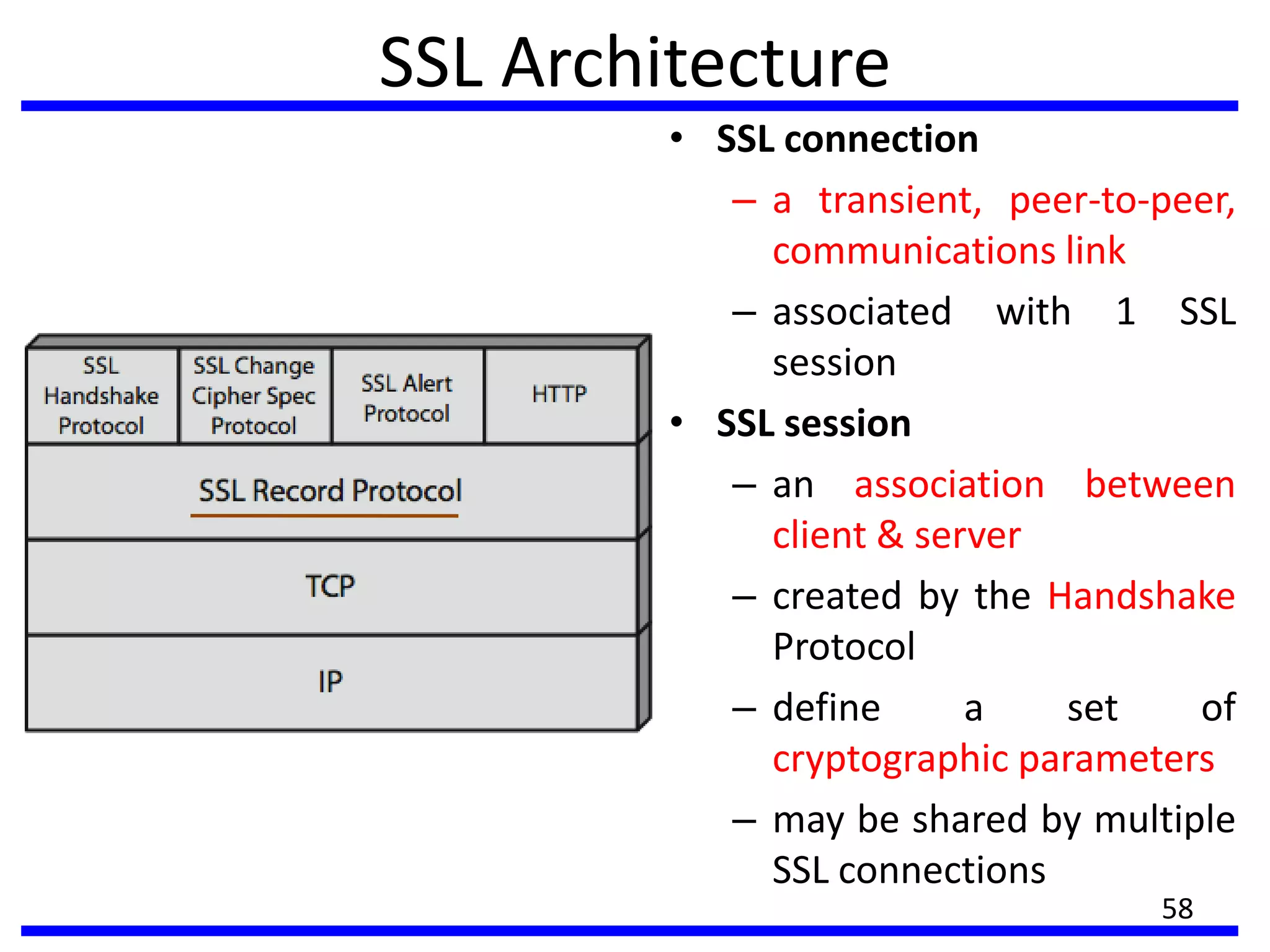 SSL Architecture
• SSL connection
– a transient, peer-to-peer,
communications link
– associated with 1 SSL
session
• SSL session
– an association between
client & server
– created by the Handshake
Protocol
– define a set of
cryptographic parameters
– may be shared by multiple
SSL connections
58
 
