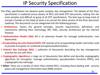 IP Security Specification
The IPSec specification has become quite complex. key management. The totality of the IPsec
specification is scattered across dozens of RFCs and draft IETF documents, making this the
most complex and difficult to grasp of all IETF specifications. The best way to keep track of
and get a handle on this body of work is to consult the latest version of the IPsec document
roadmap. The documents can be categorized into the following groups:
• Architecture: Covers the general concepts, security requirements, definitions, and
mechanisms defining IPsec technology, RFC 4301, Security Architecture for the Internet
Protocol.
• Authentication Header (AH): AH is an extension header for message authentication, now
deprecated.
• Encapsulating Security Payload (ESP): ESP consists of an encapsulating header and trailer used
to provide encryption or combined encryption/authentication. .
• Internet Key Exchange (IKE): a collection of documents describing the key management
schemes for use with IPsec
• Cryptographic algorithms: a large set of documents that define and describe cryptographic
algorithms for encryption, message authentication, pseudorandom functions (PRFs), and
cryptographic key exchange.
• Other: There are a variety of other IPsec-related RFCs, including those dealing with security
policy and management information base (MIB) content.
32
 