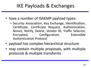 IKE Payloads & Exchanges
• have a number of ISAKMP payload types:
– Security Association, Key Exchange, Identification,
Certificate, Certificate Request, Authentication,
Nonce, Notify, Delete, Vendor ID, Traffic Selector,
Encrypted, Configuration, Extensible
Authentication Protocol
• payload has complex hierarchical structure
• may contain multiple proposals, with multiple
protocols & multiple transforms
54
 