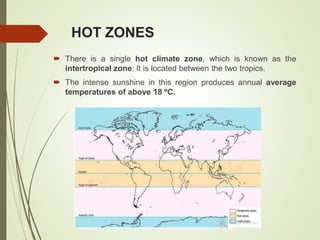HOT ZONES
 There is a single hot climate zone, which is known as the
intertropical zone: It is located between the two tropics.
 The intense sunshine in this region produces annual average
temperatures of above 18 ºC.
 