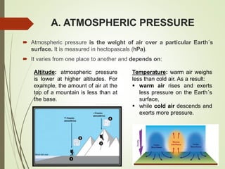 A. ATMOSPHERIC PRESSURE
 Atmospheric pressure is the weight of air over a particular Earth´s
surface. It is measured in hectopascals (hPa).
 It varies from one place to another and depends on:
Altitude: atmospheric pressure
is lower at higher altitudes. For
example, the amount of air at the
top of a mountain is less than at
the base.
Temperature: warm air weighs
less than cold air. As a result:
 warm air rises and exerts
less pressure on the Earth´s
surface,
 while cold air descends and
exerts more pressure.
 