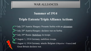 • July 23rd Austria Hungary Presents Serbia with an ultimatum
• July 28th Austria-Hungary declares war on Serbia
• July 29th Russia Mobilizes its troops
• August 1, 1914 Germany mobilizes troops.
• August 4, 1914 Germany attacks Belgium (Objective > France) and
Great Britain declares war.
Summer of 1914
Triple Entente/TripleAlliance Actions
WAR ALLIANCES
 