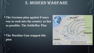 •The German plan against France
was to rush into the country as fast
as possible: The Schlieffen Plan
•The Machine Gun stopped this
plan
3. MODERN WARFARE
 