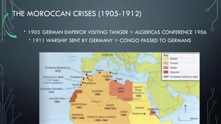 THE MOROCCAN CRISES (1905-1912)
· 1905 GERMAN EMPEROR VISITING TANGER > ALGERICAS CONFERENCE 1906
· 1911 WARSHIP SENT BY GERMANY > CONGO PASSED TO GERMANS
 