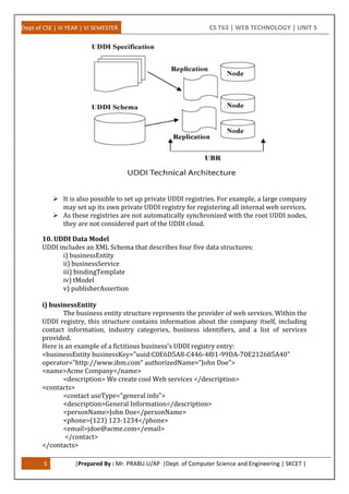 Dept of CSE | III YEAR | VI SEMESTER CS T63 | WEB TECHNOLOGY | UNIT 5
5 |Prepared By : Mr. PRABU.U/AP |Dept. of Computer Science and Engineering | SKCET |
 It is also possible to set up private UDDI registries. For example, a large company
may set up its own private UDDI registry for registering all internal web services.
 As these registries are not automatically synchronized with the root UDDI nodes,
they are not considered part of the UDDI cloud.
10. UDDI Data Model
UDDI includes an XML Schema that describes four five data structures:
i) businessEntity
ii) businessService
iii) bindingTemplate
iv) tModel
v) publisherAssertion
i) businessEntity
The business entity structure represents the provider of web services. Within the
UDDI registry, this structure contains information about the company itself, including
contact information, industry categories, business identifiers, and a list of services
provided.
Here is an example of a fictitious business's UDDI registry entry:
<businessEntity businessKey="uuid:C0E6D5A8-C446-4f01-99DA-70E212685A40"
operator="http://www.ibm.com" authorizedName="John Doe">
<name>Acme Company</name>
<description> We create cool Web services </description>
<contacts>
<contact useType="general info">
<description>General Information</description>
<personName>John Doe</personName>
<phone>(123) 123-1234</phone>
<email>jdoe@acme.com</email>
</contact>
</contacts>
 