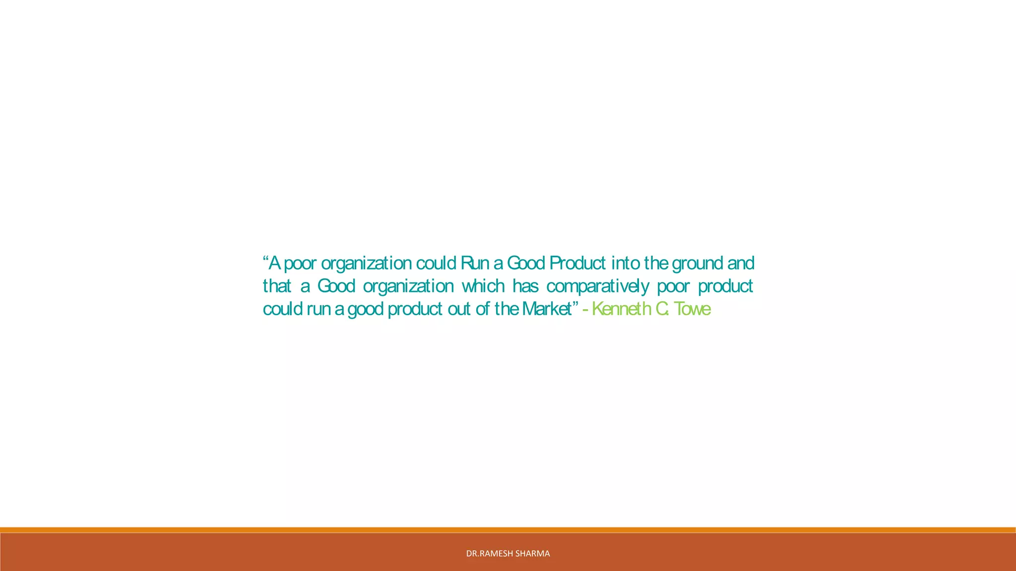 “Apoor organization could Run aGood Product into theground and
that a Good organization which has comparatively poor product
could runagood product out of theMarket” - Kenneth C. Towe
DR.RAMESH SHARMA
 