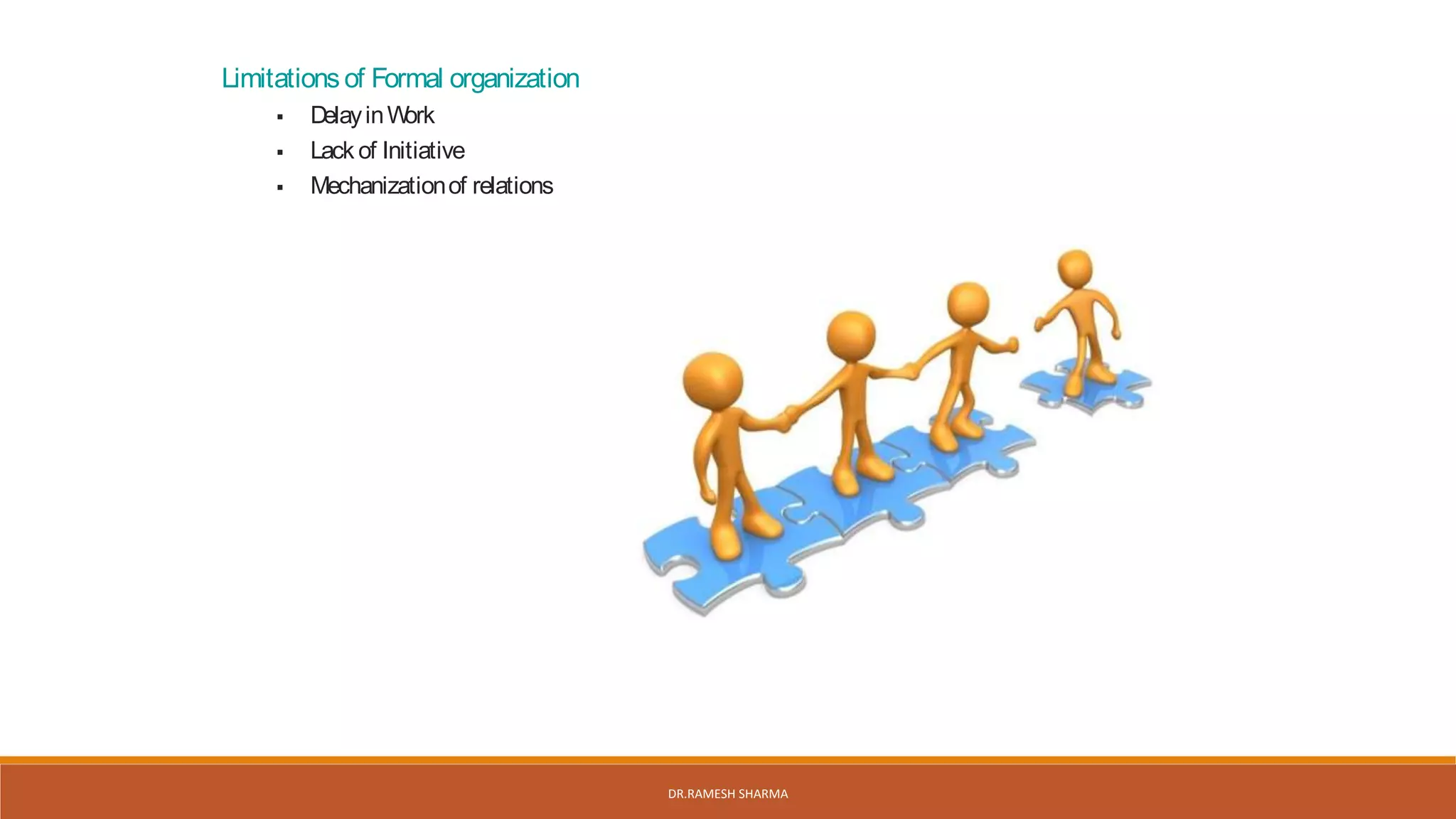 Limitations of Formal organization
 DelayinWork
 Lack of Initiative
 Mechanizationof relations
DR.RAMESH SHARMA
 